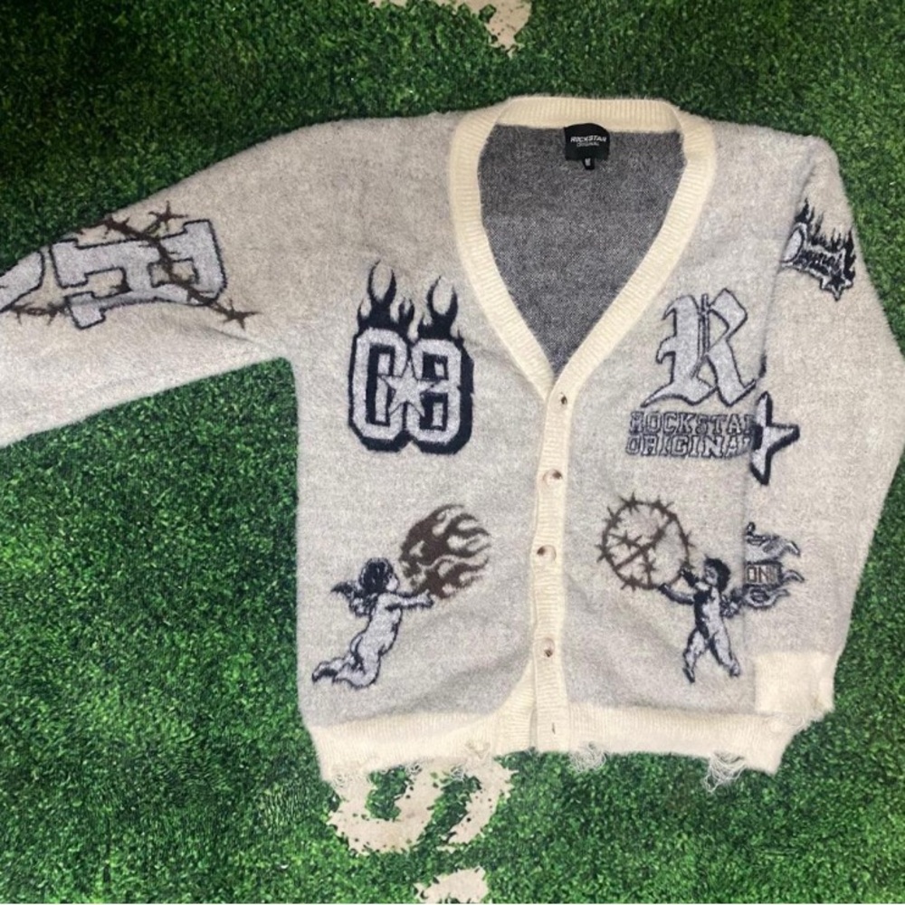 Gray and Cream Graphic Cardigan Sweater